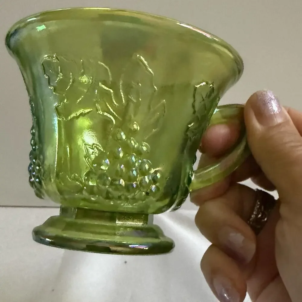 Vtg Indiana Glass Lime Green Carnival Glass Harvest Grape 6 Pc Snack Set 4 Plt 2